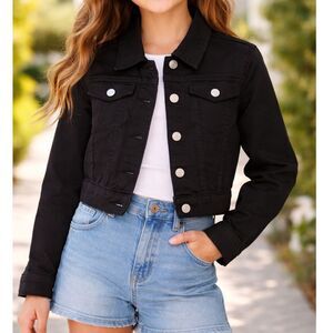Route 66 Girls Black Cropped Trucker Denim Jacket Size L 10/12 Stretch